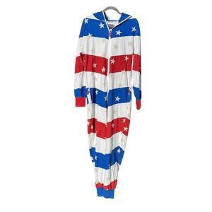 Tipsyelves Hooded Jumpsuit Adult M Patriotic Stars and‎ Stripes USA One Piece